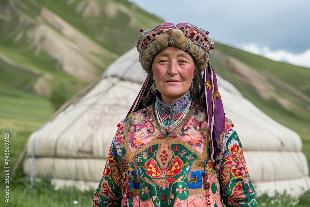 An older Kazakh woman standing outside of a yurt. Mountain village. Traditional attire of Mongol people. Turkmen senior lady posing near nomad’s tent. Yurta. Kyrgyz woman in ages wearing custom gown