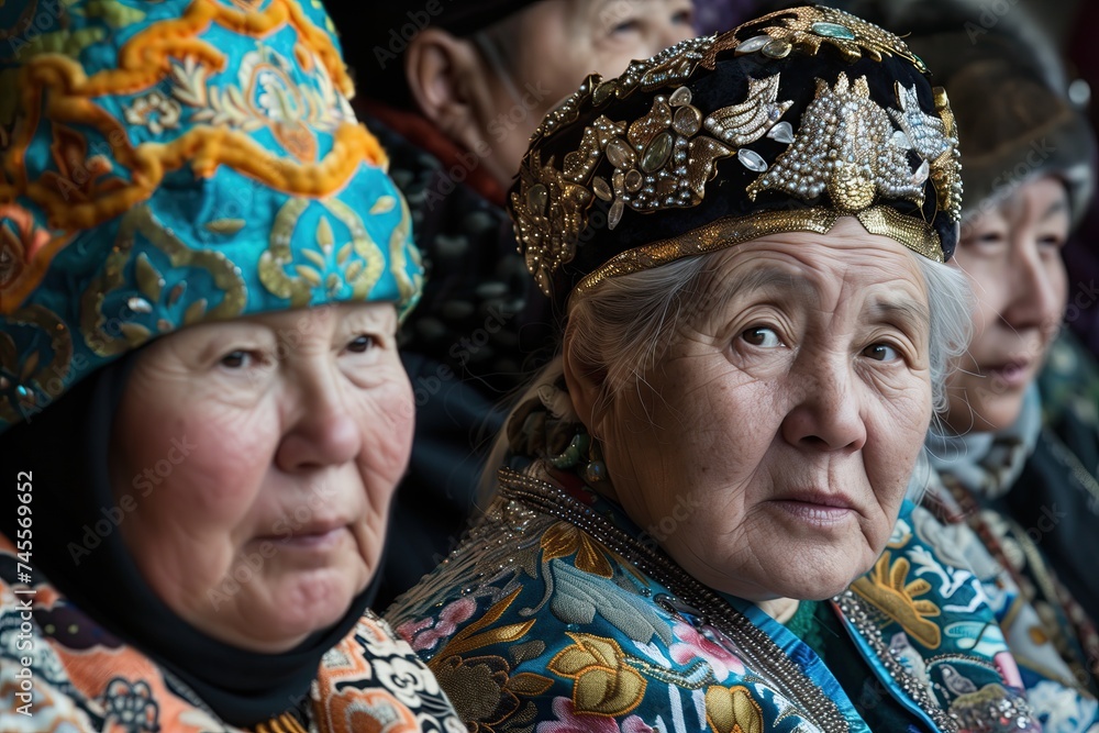 A group of older Turkmen women wearing traditional costumes. Senior Kyrgyz women wearing national attire and taqiyah. Ethnic group of Uzbek ladies from Central Asia. Kyrgyz Republic population. Elder