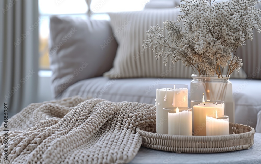 Scandinavian room close-up coffee table with candles, gypsophila flower in a vase placed on wicker rattan near beige chunky knit and gray sofa background Scandinavian room close-up coffee table with candles, gypsophila flower in a vase placed on wicker rattan near beige chunky knit and gray sofa background