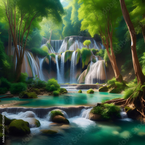Waterfall surrounded by Beautiful Nature, lush vegetation