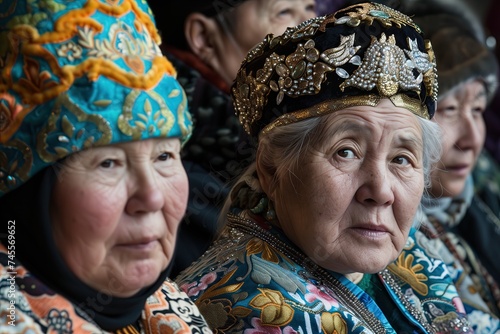 A group of older Turkmen women wearing traditional costumes. Senior Kyrgyz women wearing national attire and taqiyah. Ethnic group of Uzbek ladies from Central Asia. Kyrgyz Republic population. Elder photo