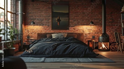 Comfortable bedroom black coverlet with terracotta brick wall and art frame near a fireplace and grey carpet. Modern Scandinavian bedroom interior photo