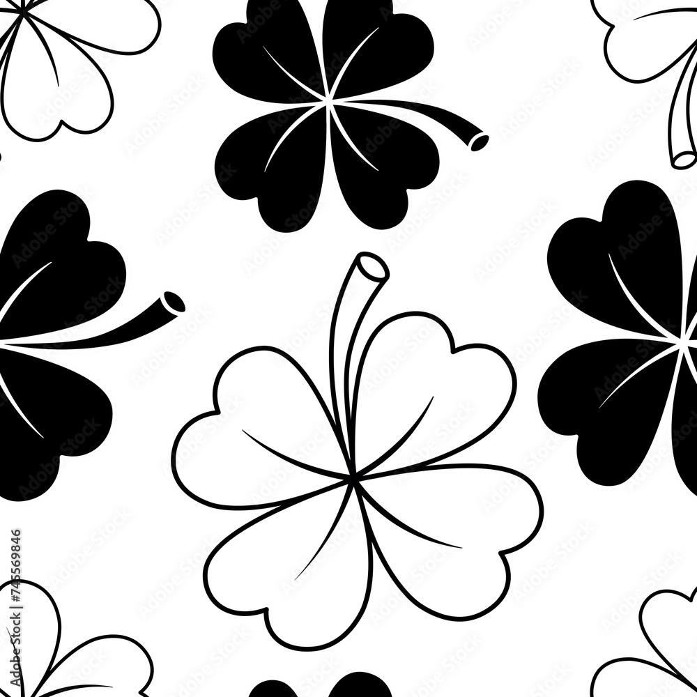 Obraz premium St Patrick four leaves clover illustration seamless pattern. Lucky Irish shamrock transparent texture design template.