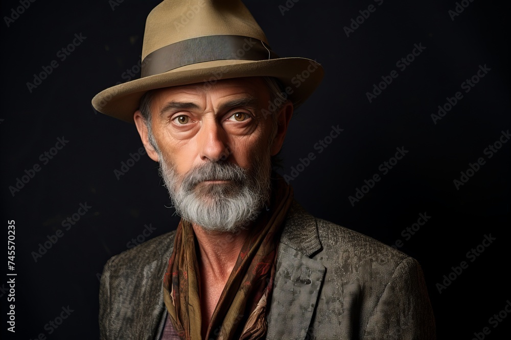 Portrait of an old man in a hat on a dark background. Portrait of an old man in a hat on a dark background.
