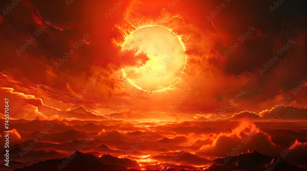 Abstract animation of a huge red sun in the sea. Sunset, clouds, space ...