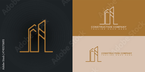 Abstract initial letter RC or CR logo in gold color presented with multiple background colors. The logo is suitable for construction company logo design inspiration templates.