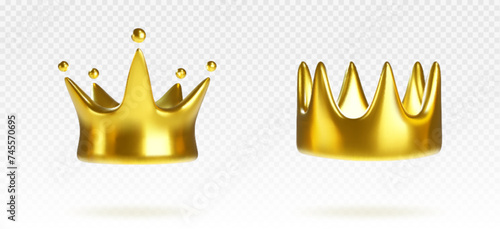 Golden crowns set isolated on transparent background. Vector realistic illustration of royal symbol, gold metal jewelry with shiny glossy surface, medieval treasure design, king or queen accessory