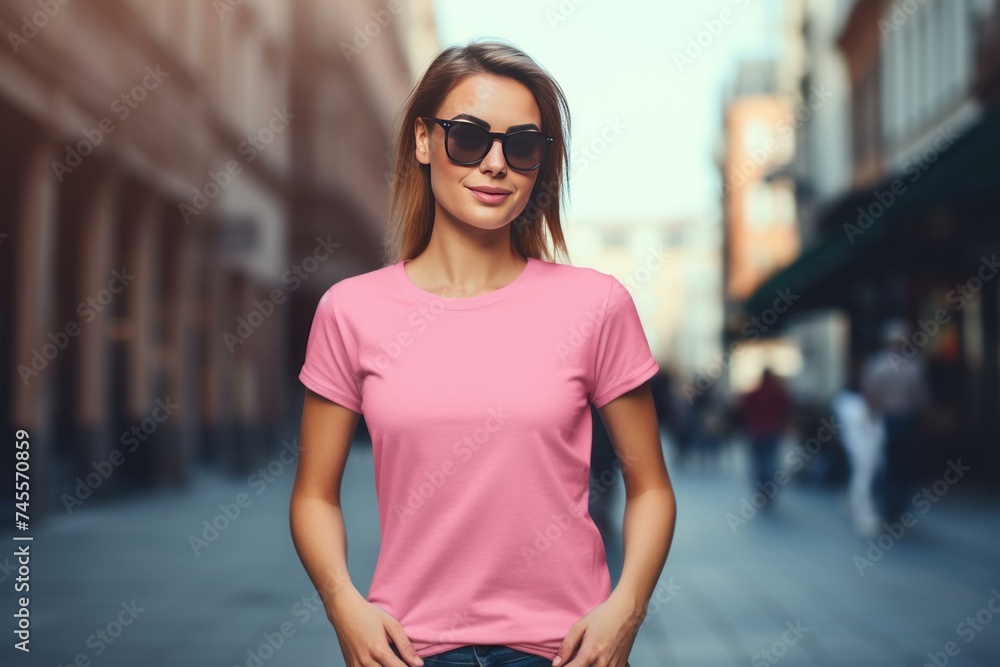 Pink tshirt mockup female. Female model. Generate Ai