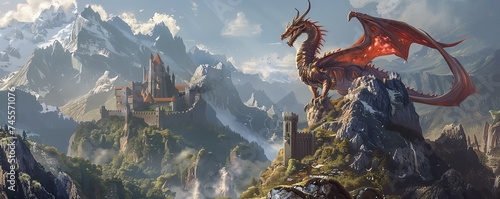 An ancient dragon perched atop a rugged mountain, guarding a castle where wizards and elves convene to discuss peace