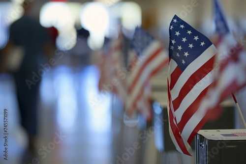 Row of American Flags in a Lobby