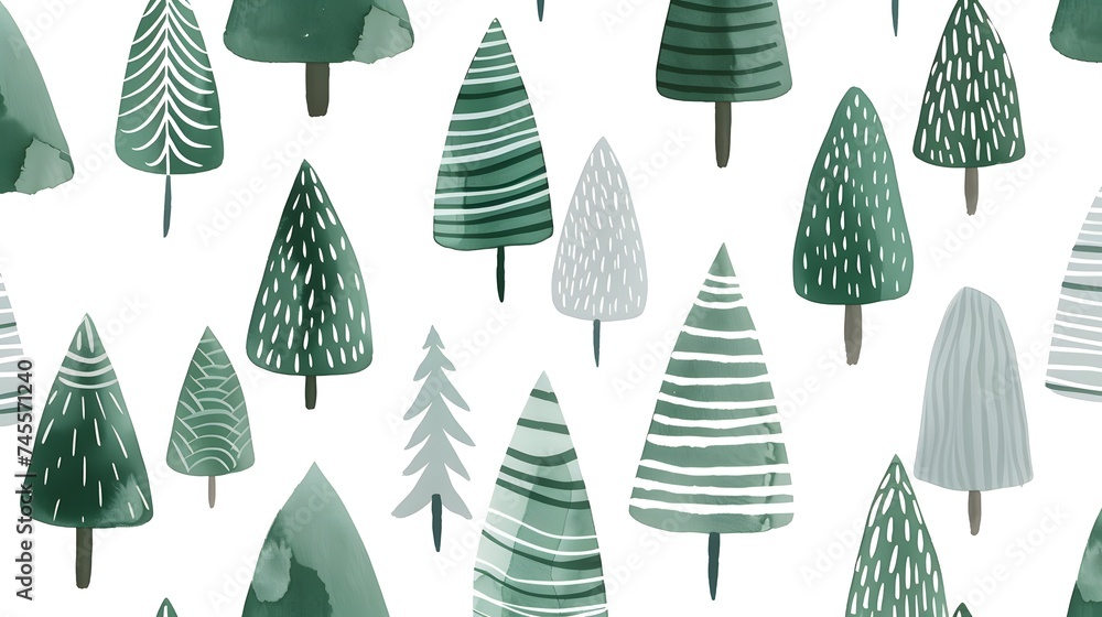 A minimalist Scandinavian-inspired pattern with simple, clean lines depicting abstract pine trees in shades of green and grey on a crisp white background. The design is balanced - obrazy, fototapety, plakaty 