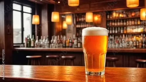 Beer glass on bar counter with frothy pint, isolated Cold ale in a mug on a table at a pub Refreshing golden liquid in a dark restaurant, closeup shot