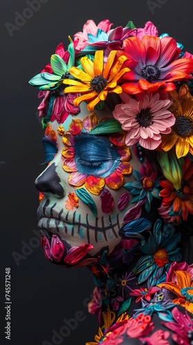 3D woman portraits of individuals adorned with colorful flower patterns reminiscent of Day of the Dead face colourful paint © Virtual Art Studio
