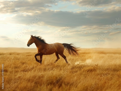 A majestic wild stallion galloping with freedom across the open plains