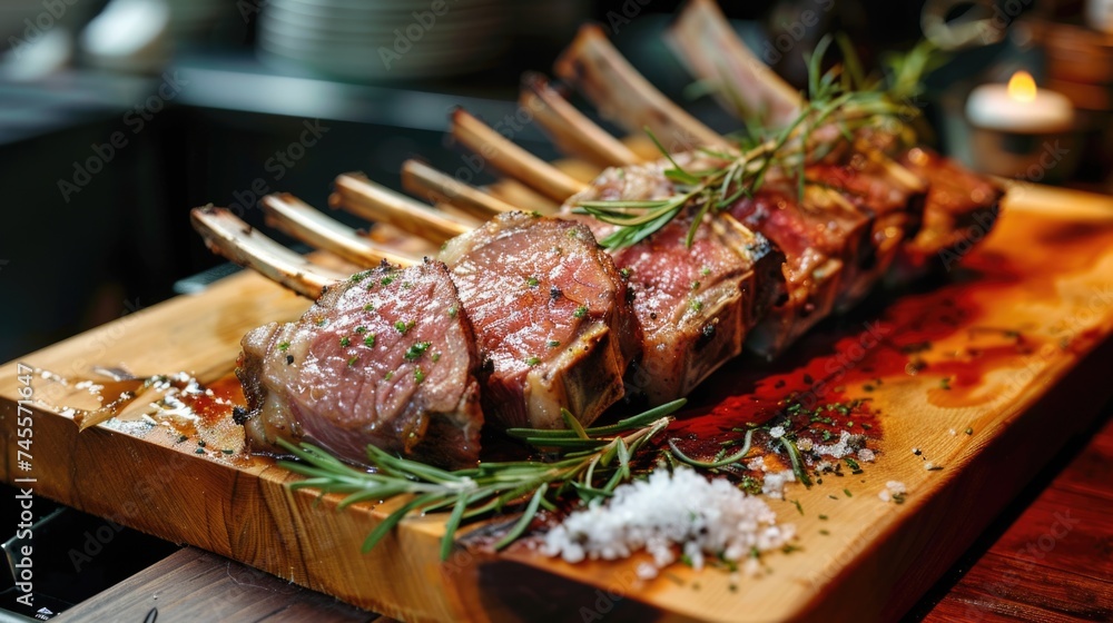 Grilled lamb chops on wooden cutting board.