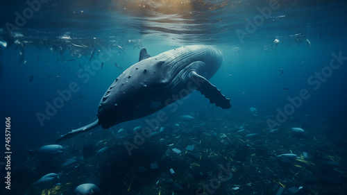 Blue whale floating among garbage in ocean. Concept plastic pollution water and human waste