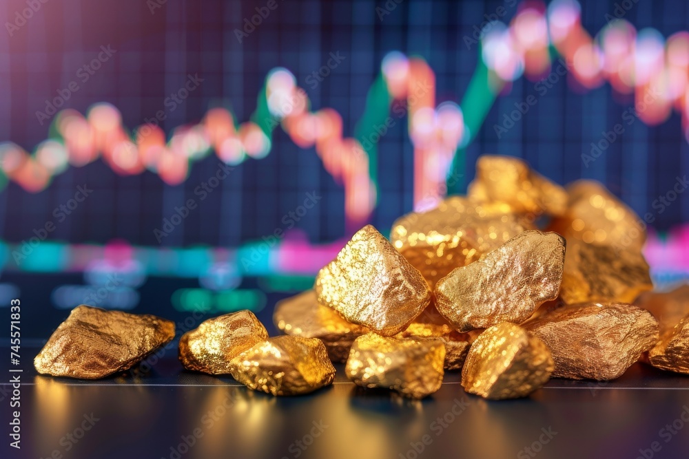 Close up of gold nuggets with a line graph indicating stock market fluctuations Close up of gold nuggets with a line graph indicating stock market fluctuations