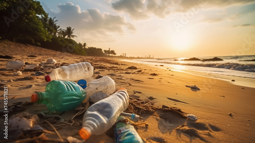 Concept environment problem plastic pollution in Asia. Trash bottle scattered on beach during sunset, highlighting