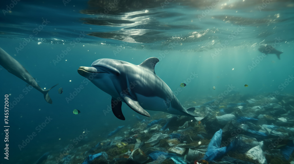 Concept pollution water with waste plastic and human. Blue dolphin floating among garbage in ocean. Concept pollution water with waste plastic and human. Blue dolphin floating among garbage in ocean.