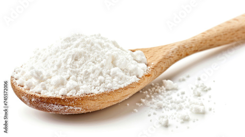 Baking soda in wooden spoon on white background.