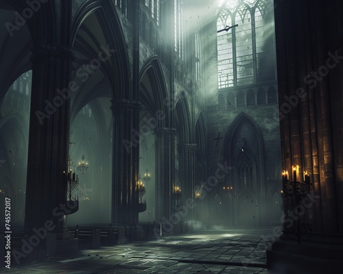 Gloomy atmosphere of a Gothic cathedral photo