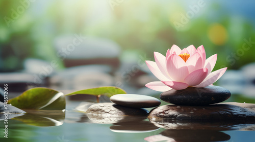 Pink water lily lotus flower with stones in water, bokeh background with copyspace. Concept spa relax, Buddha birthday. photo