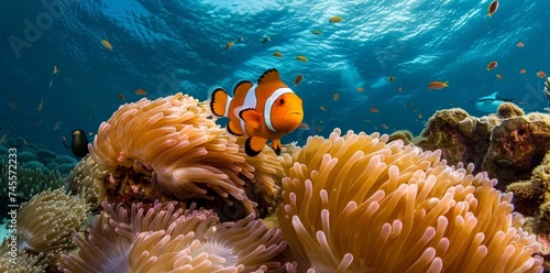 Clown Fish Swims Over Coral Reef