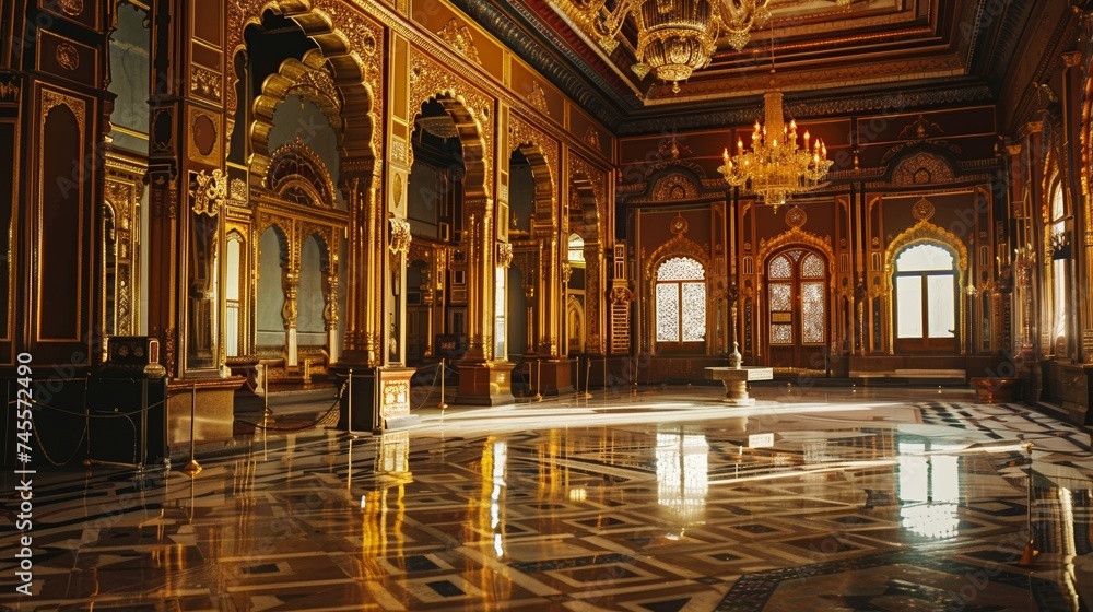 The grandeur of an opulent palace adorned with gold and precious gems The grandeur of an opulent palace adorned with gold and precious gems