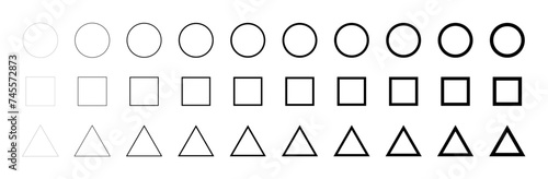 Rectangle square , circle and triangle set from thin to thick line. Set of geometric shapes form. Vector illustration