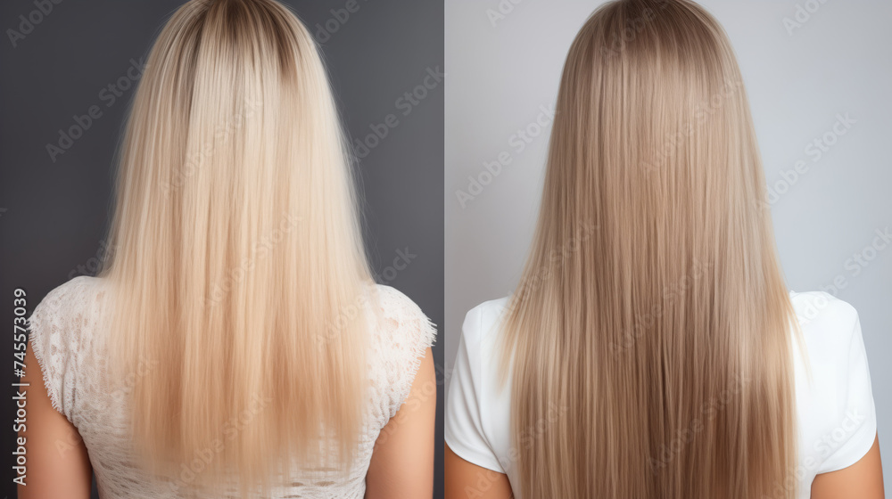 Naklejka premium Blonde Hair before and after treatment, sick, cut and healthy hair