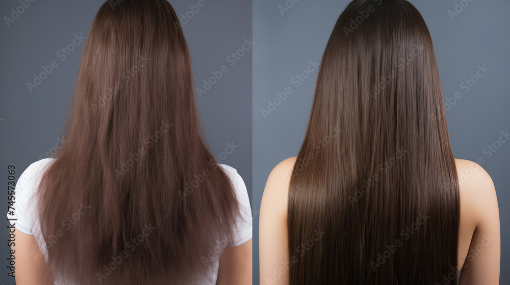Brunette Hair before and after treatment, sick, cut and healthy hair Brunette Hair before and after treatment, sick, cut and healthy hair