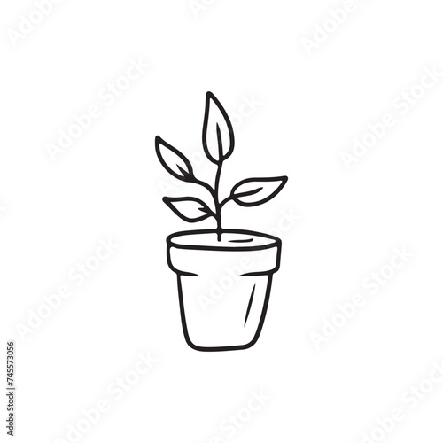 Plant glowing in ceramic pot as a symbol of ecology, earth clearing in black isolated on white. Hand drawn vector sketch illustration in doodle style. Concept of breathing, ecology friendly.