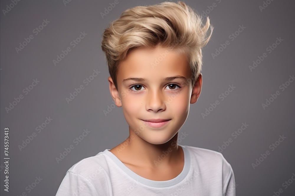 Portrait of a cute little boy with blond hair on grey background Portrait of a cute little boy with blond hair on grey background