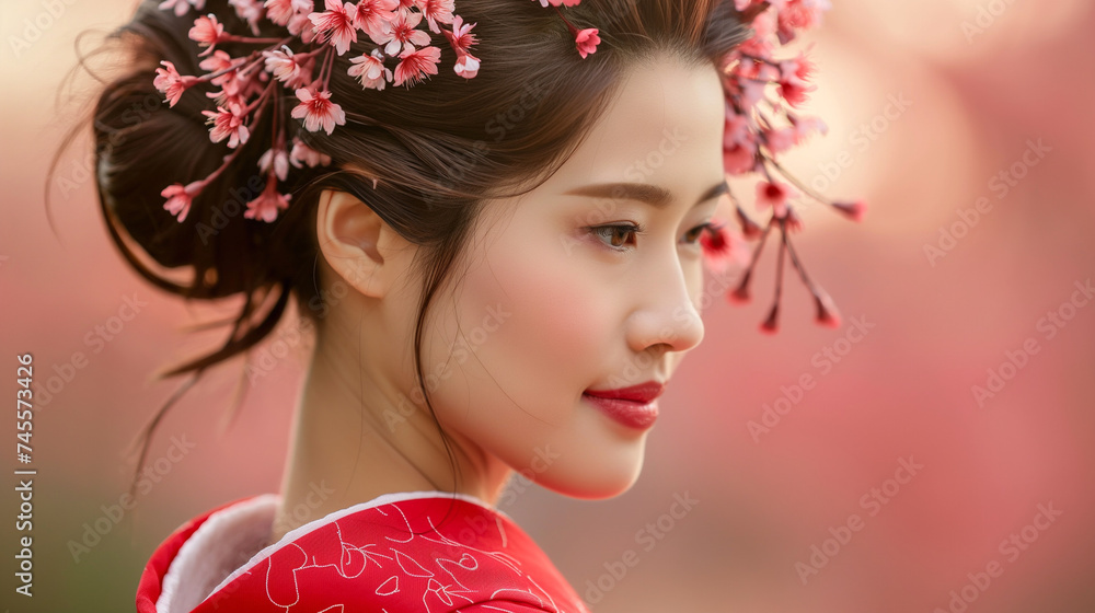 A close-up portrait of a young woman wearing a red dress with floral decorations in her hair.
A close-up portrait of a young woman wearing a red dress with floral decorations in her hair.