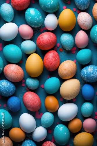 Assorted painted Easter eggs in vibrant colors arranged on a blue background.