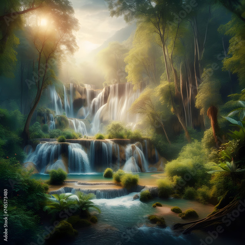 Waterfall surrounded by Beautiful Nature  lush vegetation