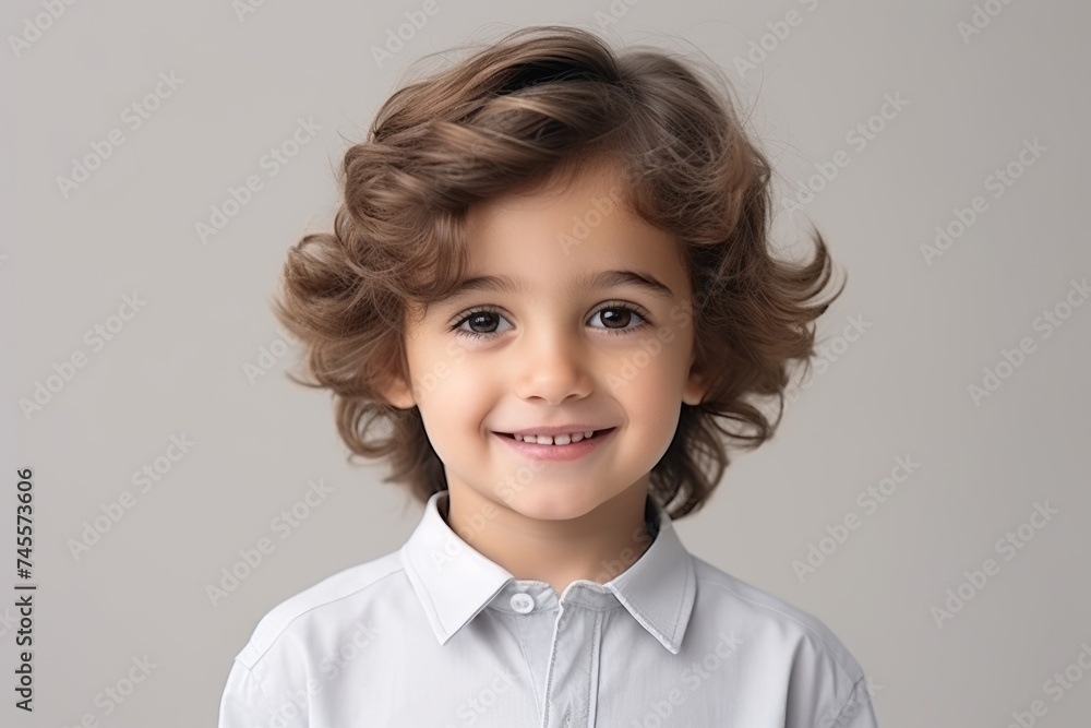 Portrait of a cute little boy with curly hair over grey background Portrait of a cute little boy with curly hair over grey background
