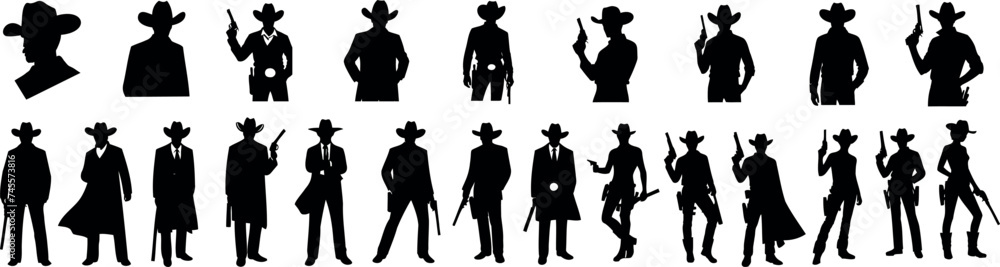 Cowboy, cowgirl silhouette in various poses, ideal for western themed designs, vector illustrations. Perfect for graphic design projects, western style themes, and character outlines - obrazy, fototapety, plakaty 