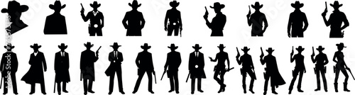Cowboy, cowgirl silhouette in various poses, ideal for western themed designs, vector illustrations. Perfect for graphic design projects, western style themes, and character outlines