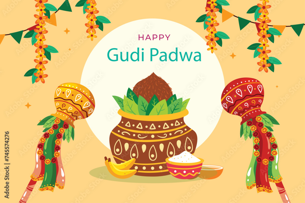 Fototapeta premium decorated background of happy Gudi Padwa celebration of India. vector illustration design
