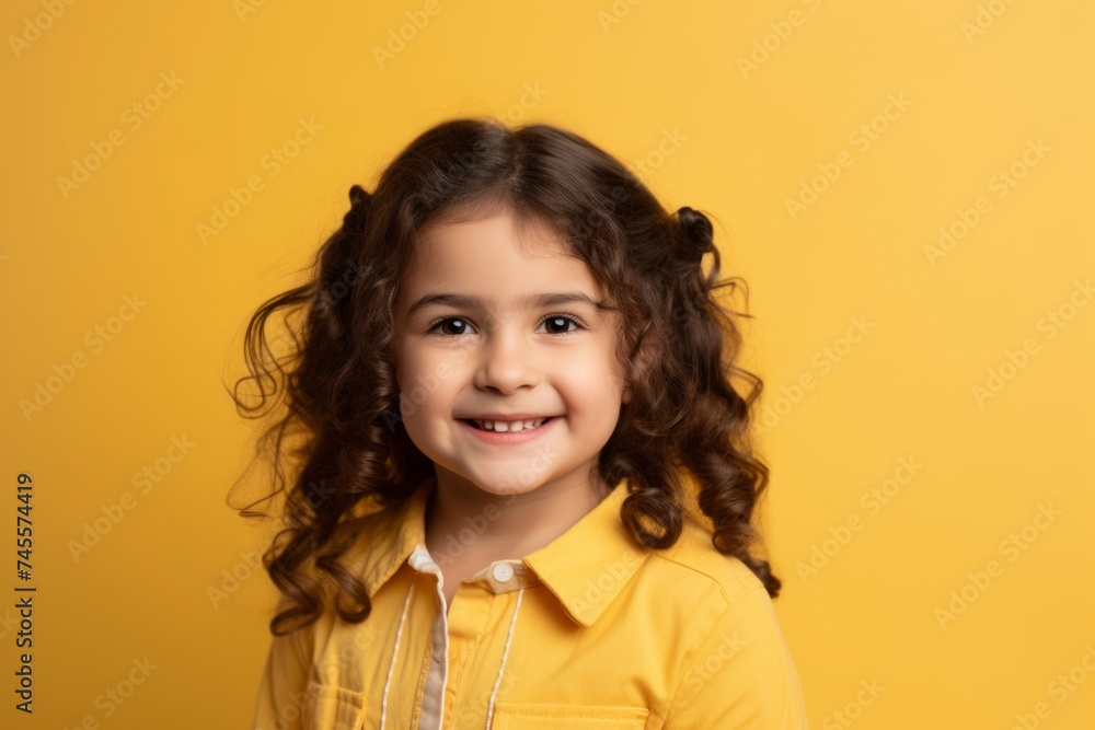 Portrait of a smiling little girl with curly hair on yellow background Portrait of a smiling little girl with curly hair on yellow background