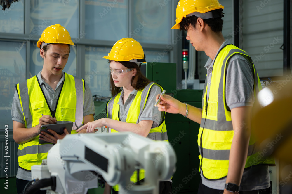 Engineer and technician discussing the robotic arm in factory about work operating, maintenance and repair Engineer and technician discussing the robotic arm in factory about work operating, maintenance and repair