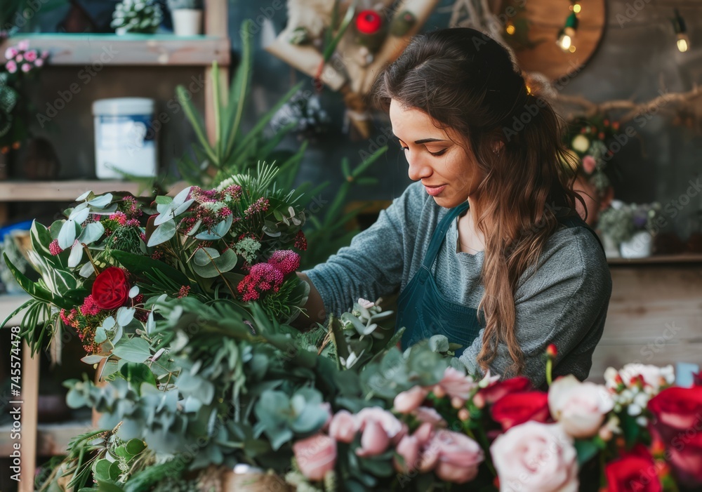 Young Florist Arranging a Colorful Bouquet in a Cozy Flower Shop