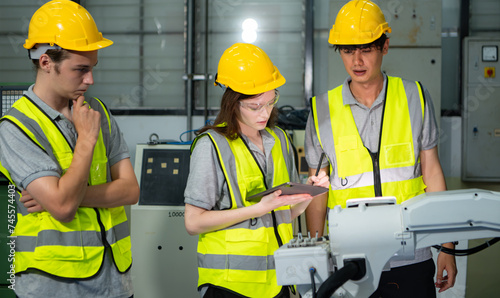 Engineer and technician discussing the robotic arm in factory about work operating, maintenance and repair