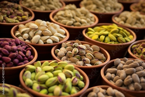 Expansive Pistachio nuts market basket. Green nutrition. Generate Ai
