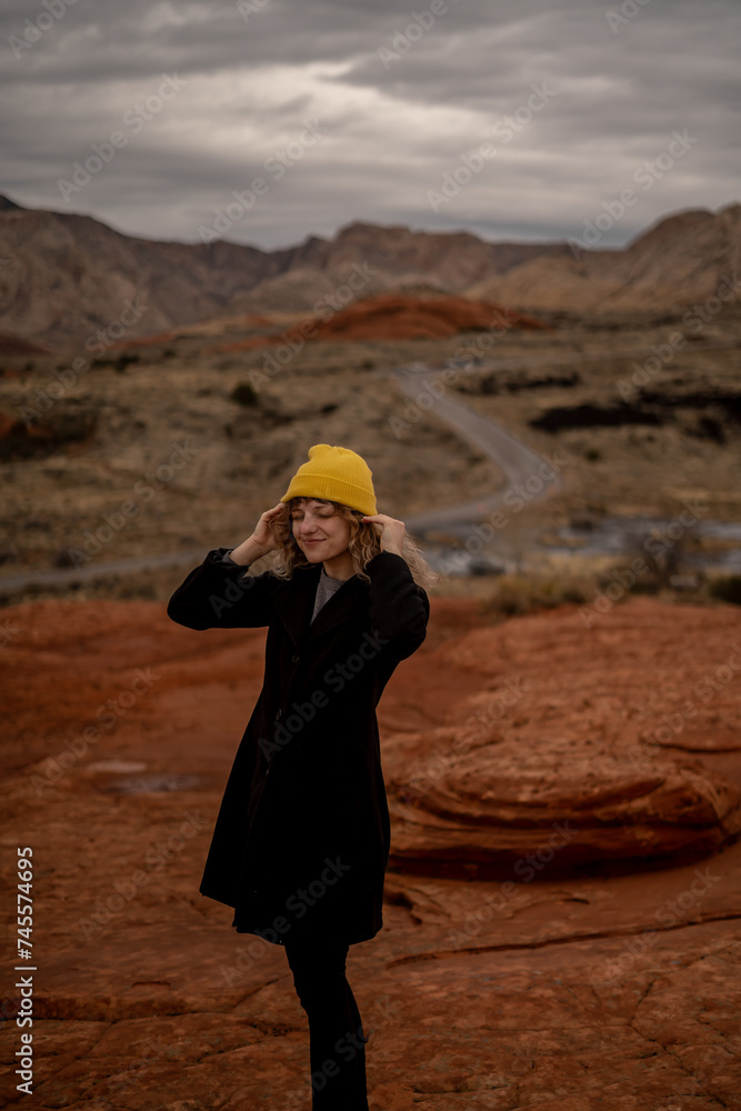 Women Outside Adjusting Mustard Yellow Beanie Nature Landscape Women Outside Adjusting Mustard Yellow Beanie Nature Landscape