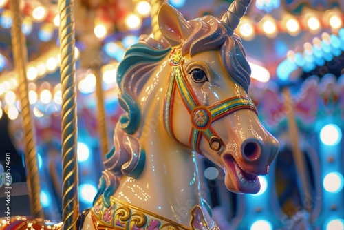Carousel horse with colorful lights and intricate decorations in a carnival setting