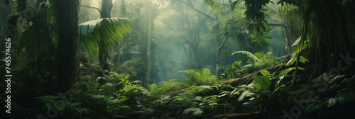 Sunlight filters through dense jungle  illuminating natural path. Panorama fantasy backdrop  Realistic nature rainforest.