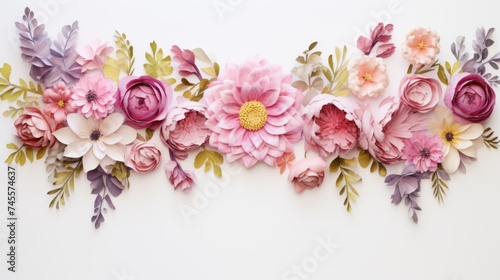 Paper art composition of multicolored 3D flowers and leaves on a white background
