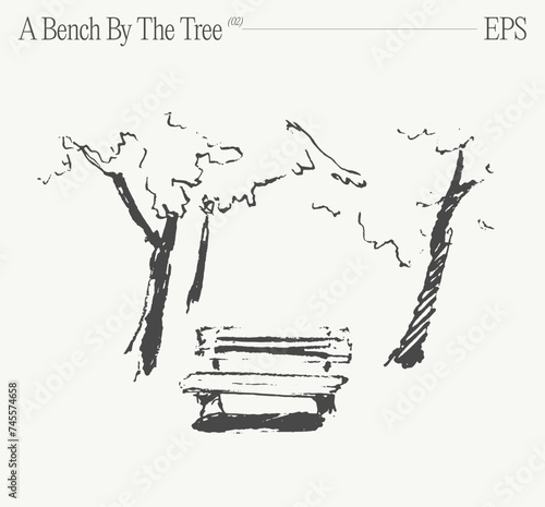 A drawing of a bench under a tree. Hand drawn vector illustration, sketch.